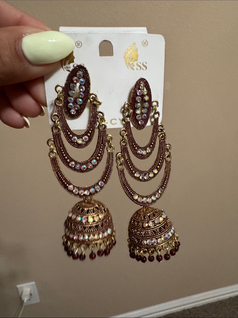 Gold-Tone Maroon Jhumka Earrings with Iridescent Stones - Brand